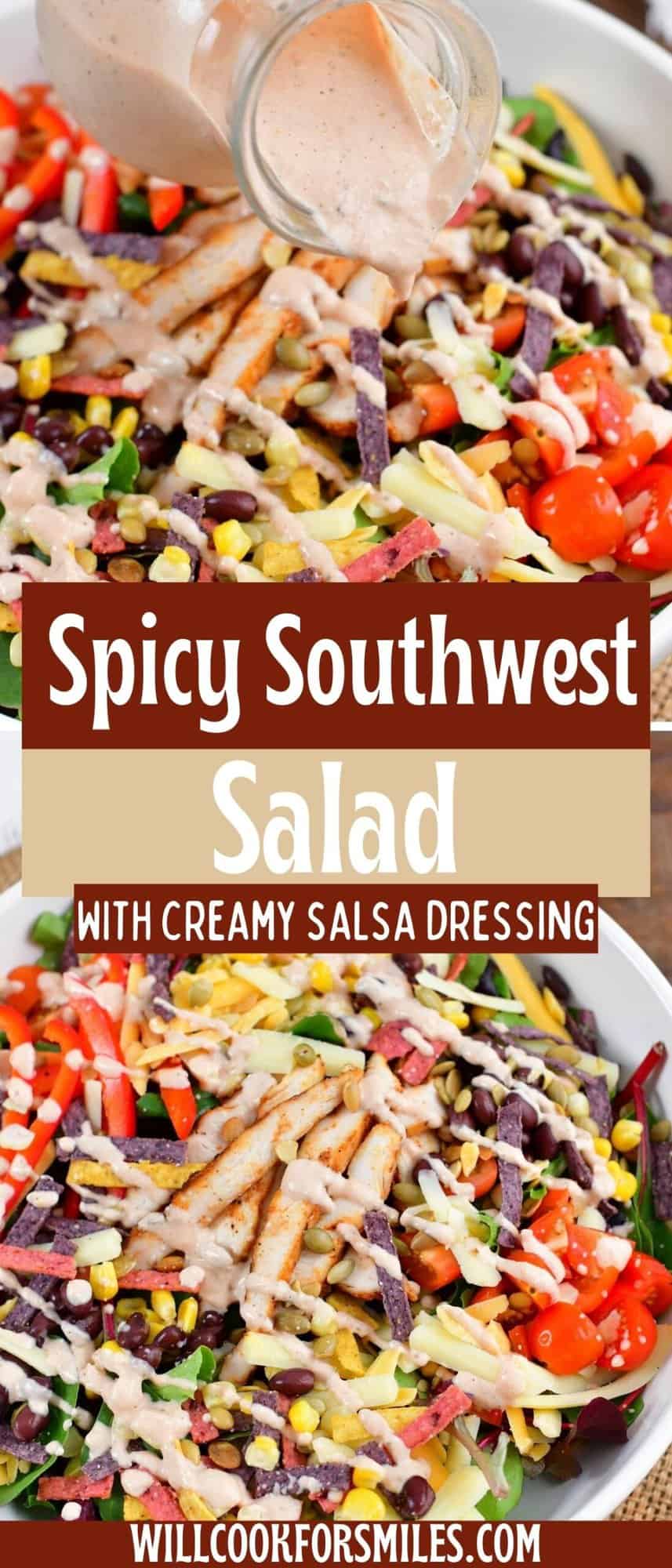 collage of two closeup images of southwest salad with dressing.