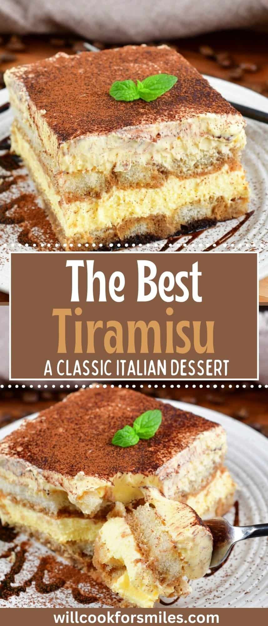 collage of two slices of tiramisu and title in the middle.
