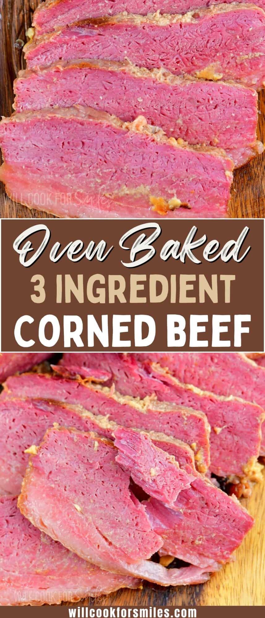 collage of two closeup images of sliced baked corned beef brisket.