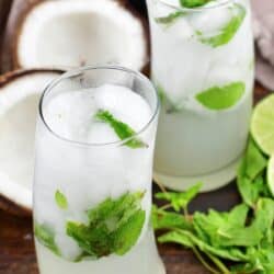 closeup of two slice and green coconut mojito cocktails.