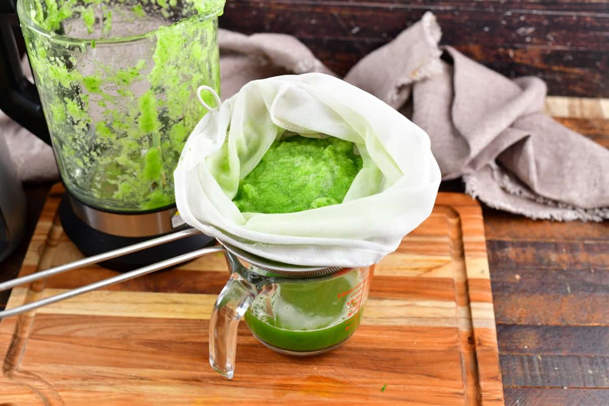 blended cucumber in a mash bag, straining juice out.