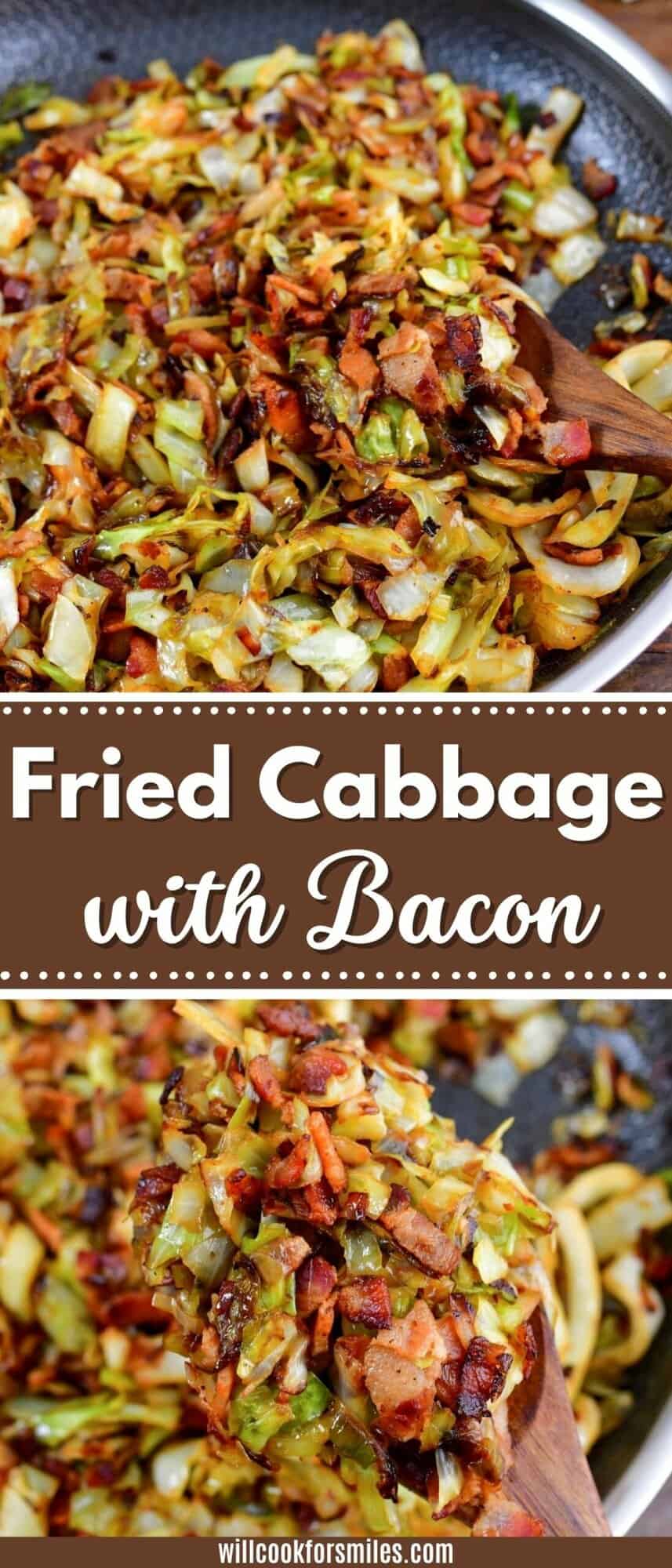 collage of two images of fried cabbage and title in the middle.
