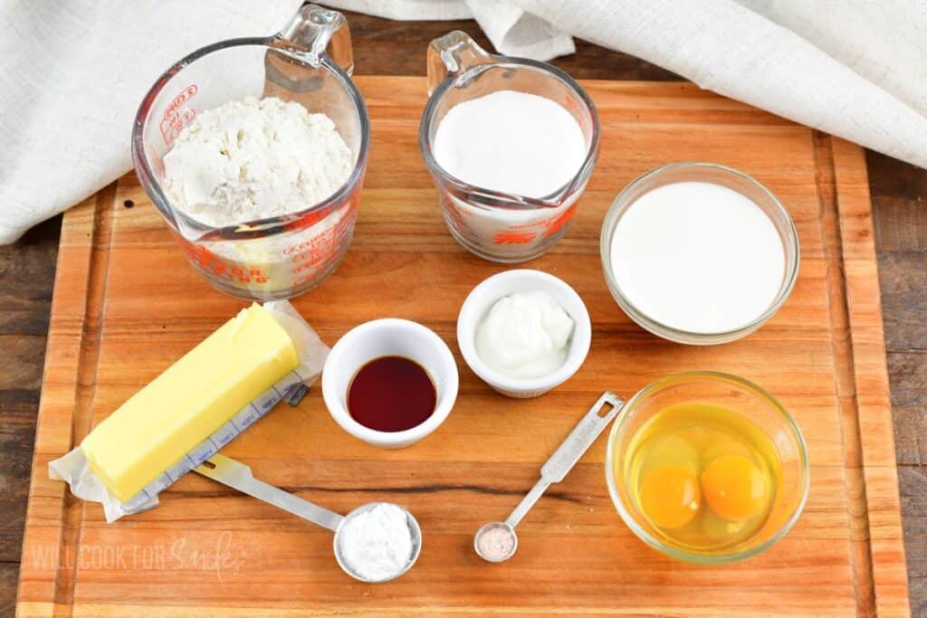 ingredients for Irish tea cake on cutting board.