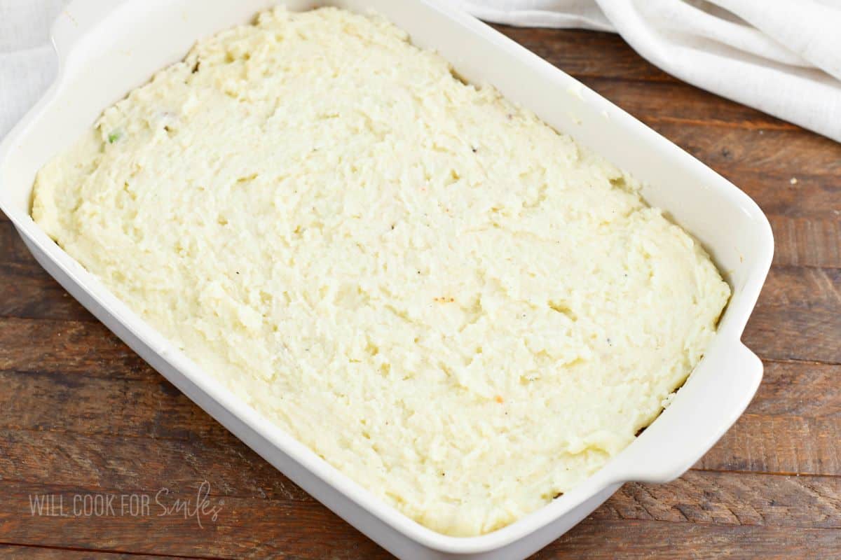 shepherd's pie in the baking dish before baking.