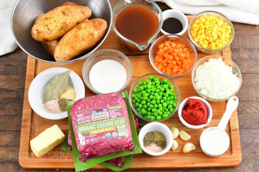 ingredients for shepherd's pie on the cutting board.