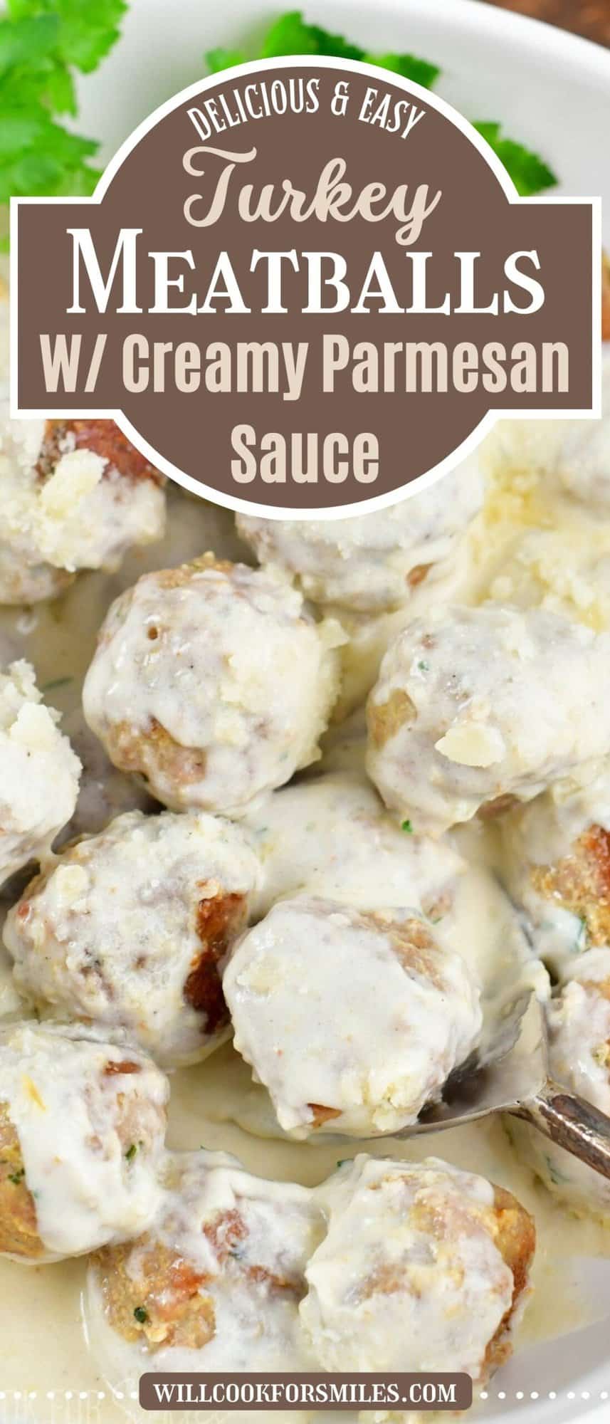 collage of closeup meatball in cream sauce with title.