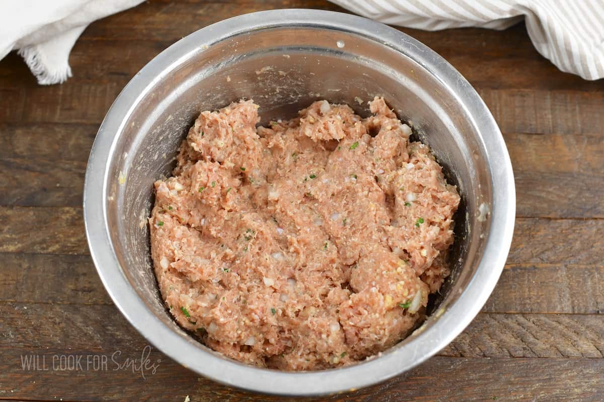 mixed mixture for turkey meatballs in the bowl.