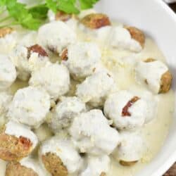 top view of turkey meatballs in creamy sauce.