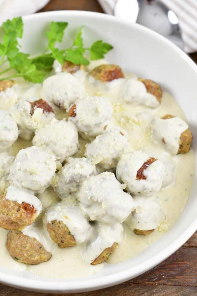 top view of turkey meatballs in creamy sauce.