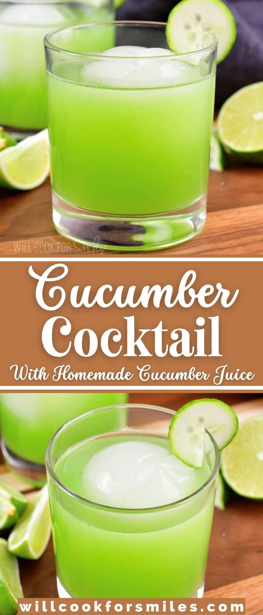 collage of two images of the cucumber cocktail up close.