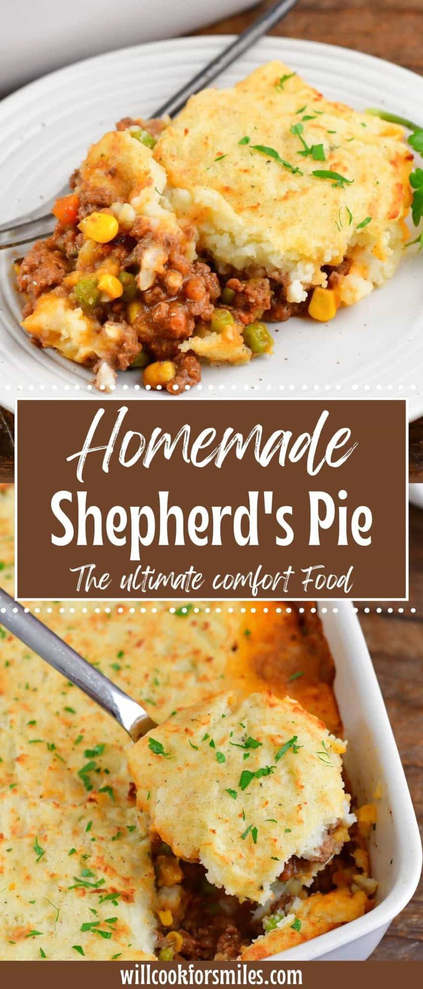 collage of two images of shepherd's pie scooped out and in a dish.