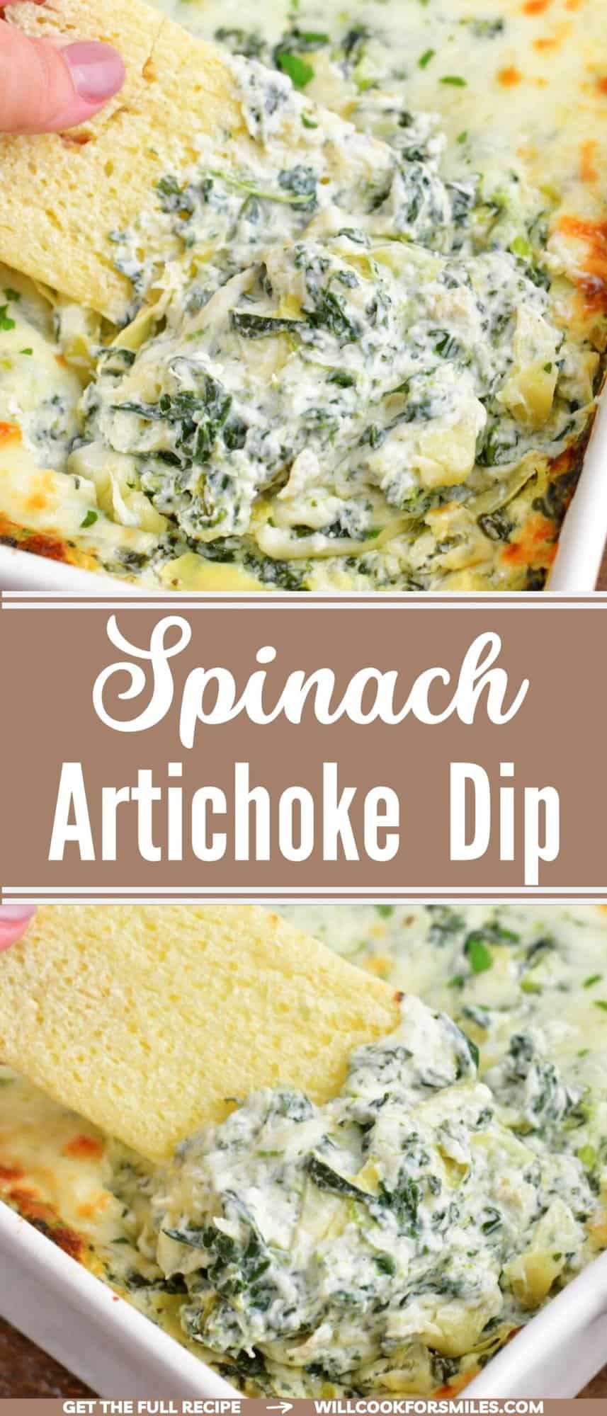 collage of two closeup images of spinach dip and title.