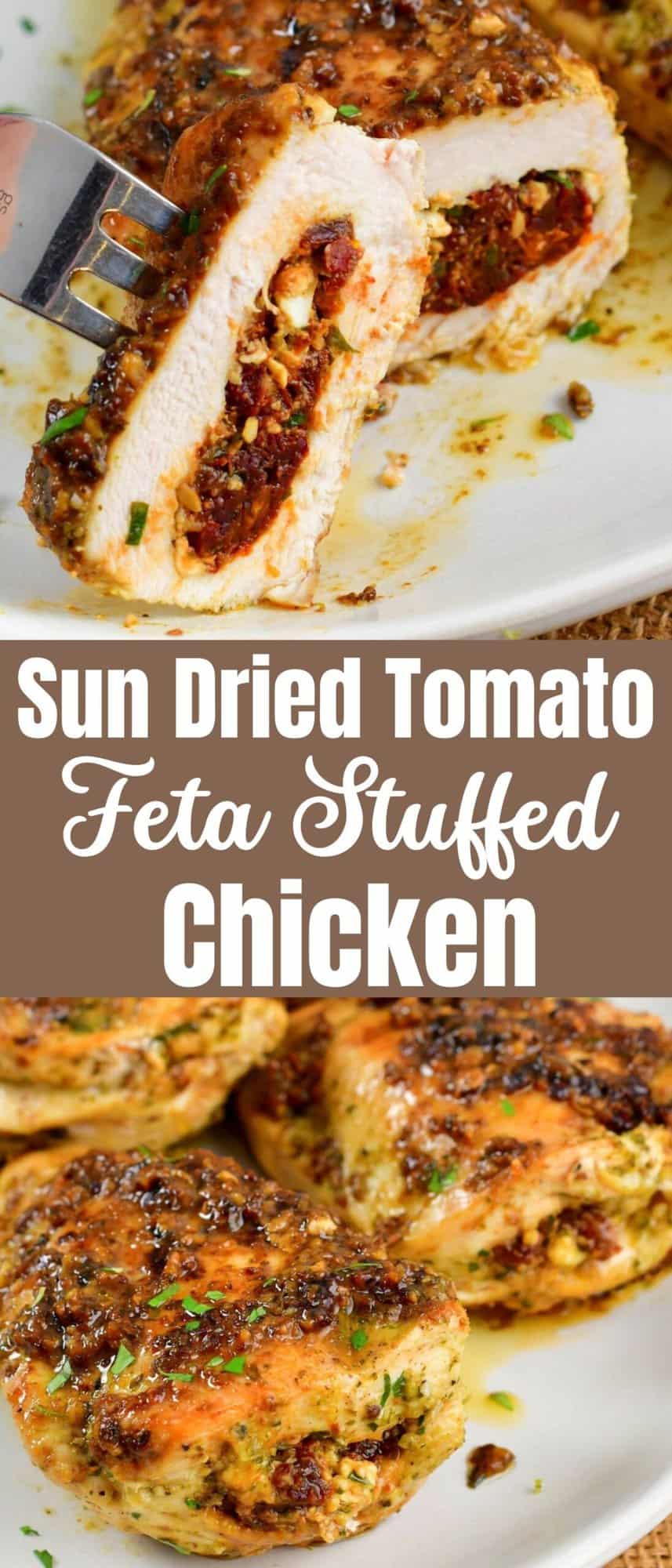 collage of two closeup images of sliced and stuffed chicken.