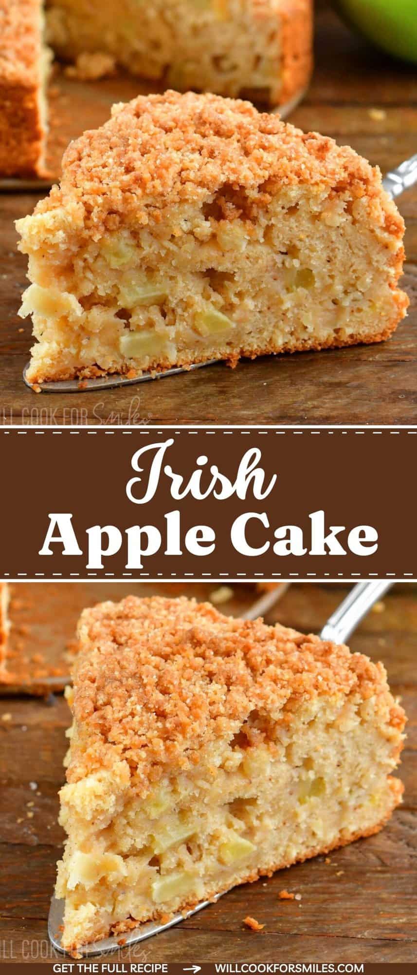 collage of two closeup images of a slice of apple cake and title.