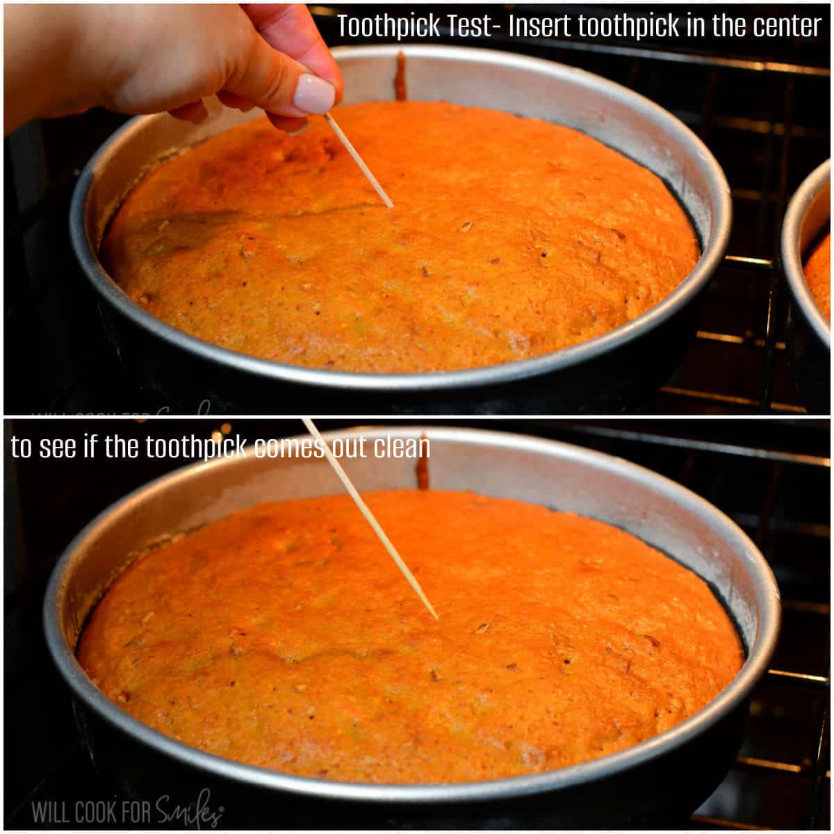 collage of two images of performing a toothpick test on the cake.