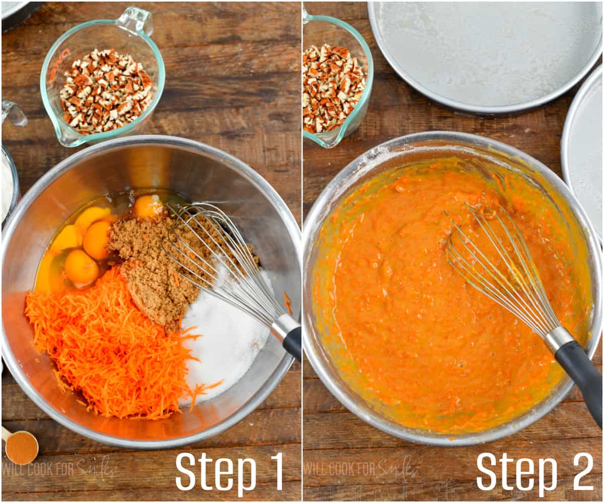 collage of two images of preparing cake batter and mixing ingredients in two steps.