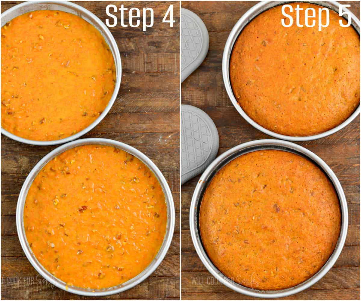 collage of two images of cake batter in two round baking pans before and after baking.