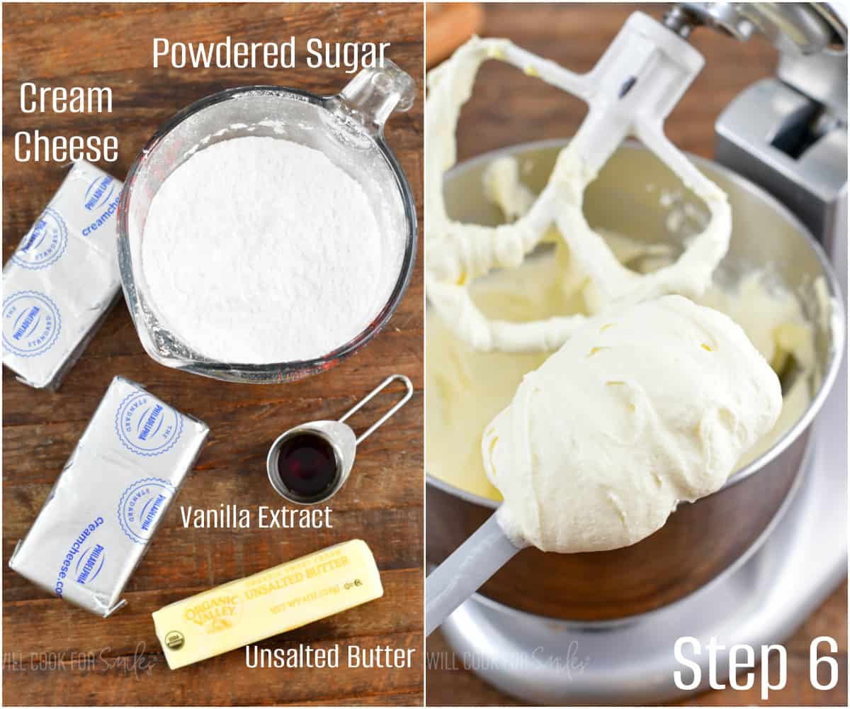 collage of ingredients for cream cheese frosting and finished frosting scooped on a spatula.