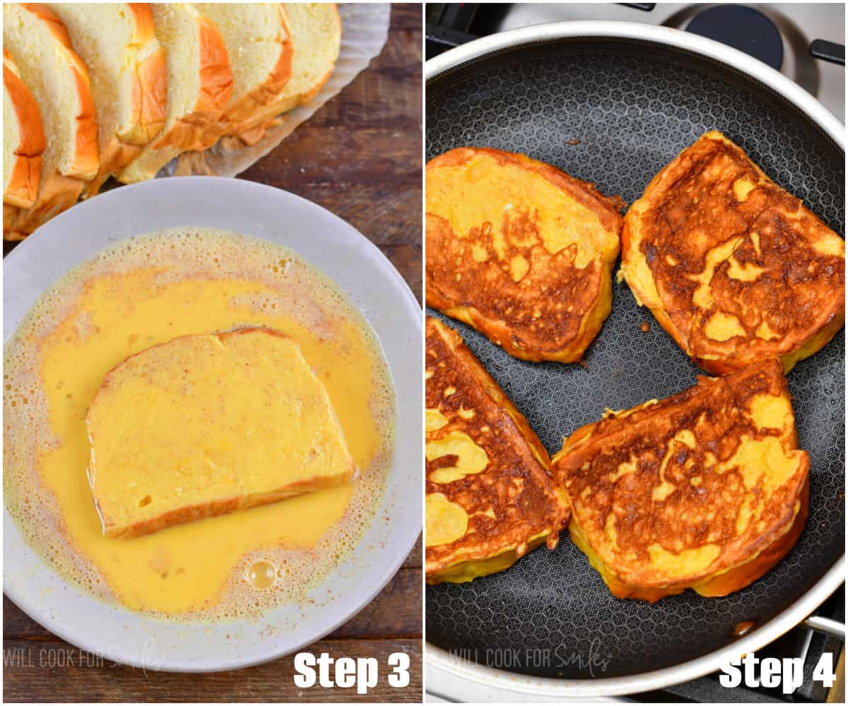 collage of two images of soaking the slice of bread in egg mixture and cooking them in the skillet.