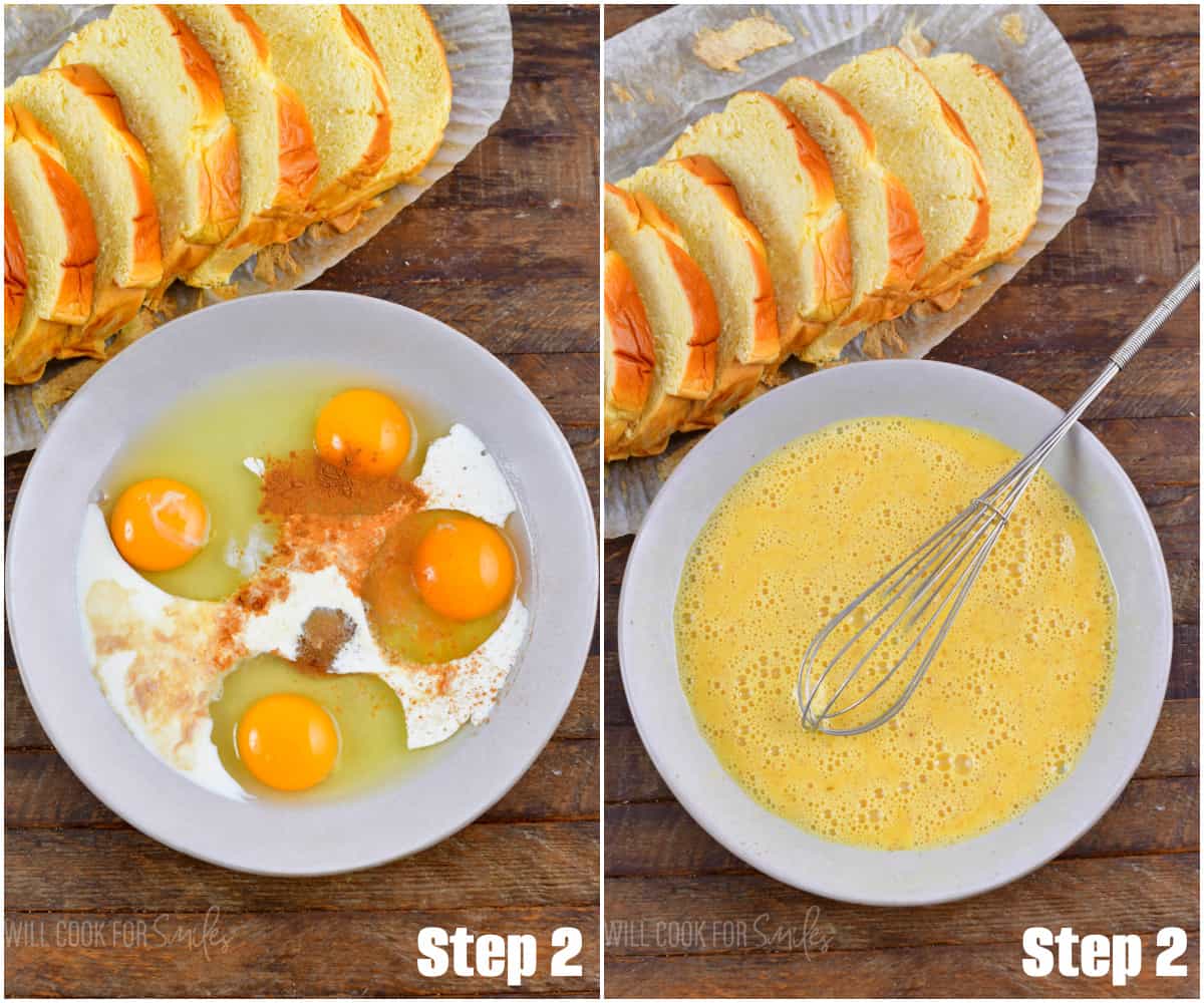 collage of two images of egg mixture for French toast before and after whisking.
