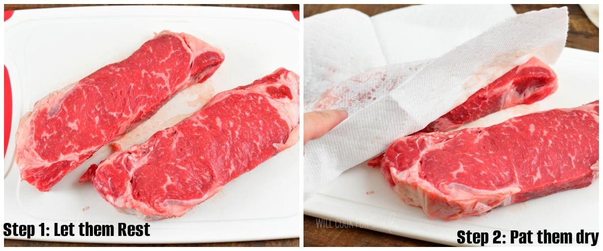 two side by side images of raw steaks on the cutting board and patting one with paper towel.