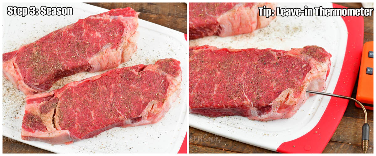 two images of seasoned steaks and leave in thermometer probe going into the steak.