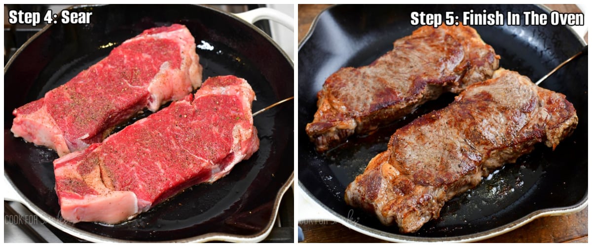 two images side by side of searing steaks and cooked steaks in the pan.