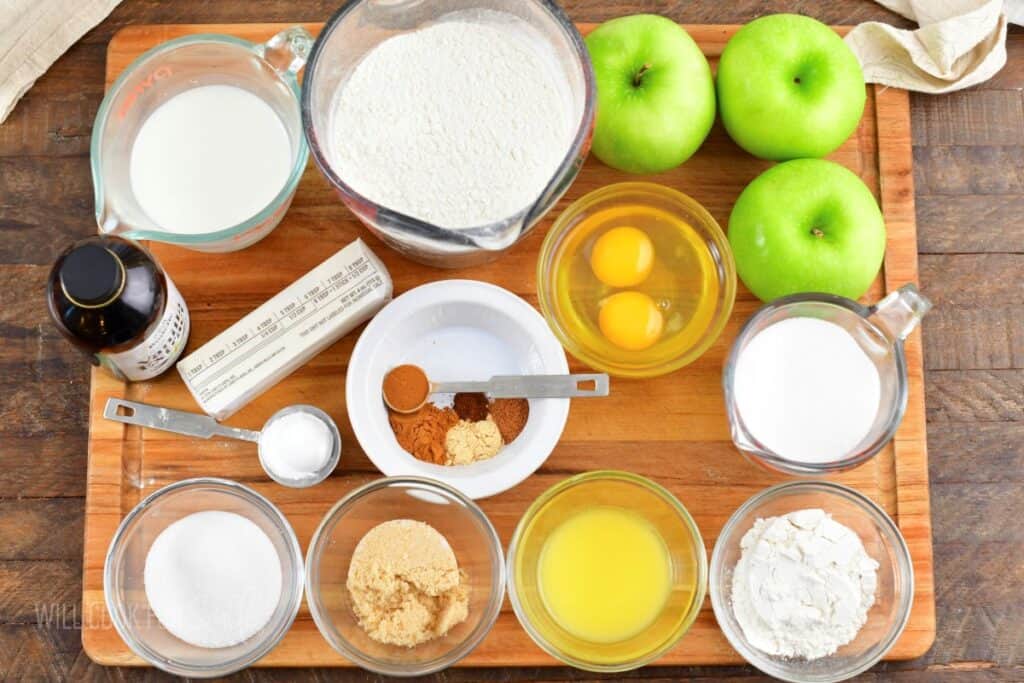 ingredients for the Irish apple cake on the cutting board.