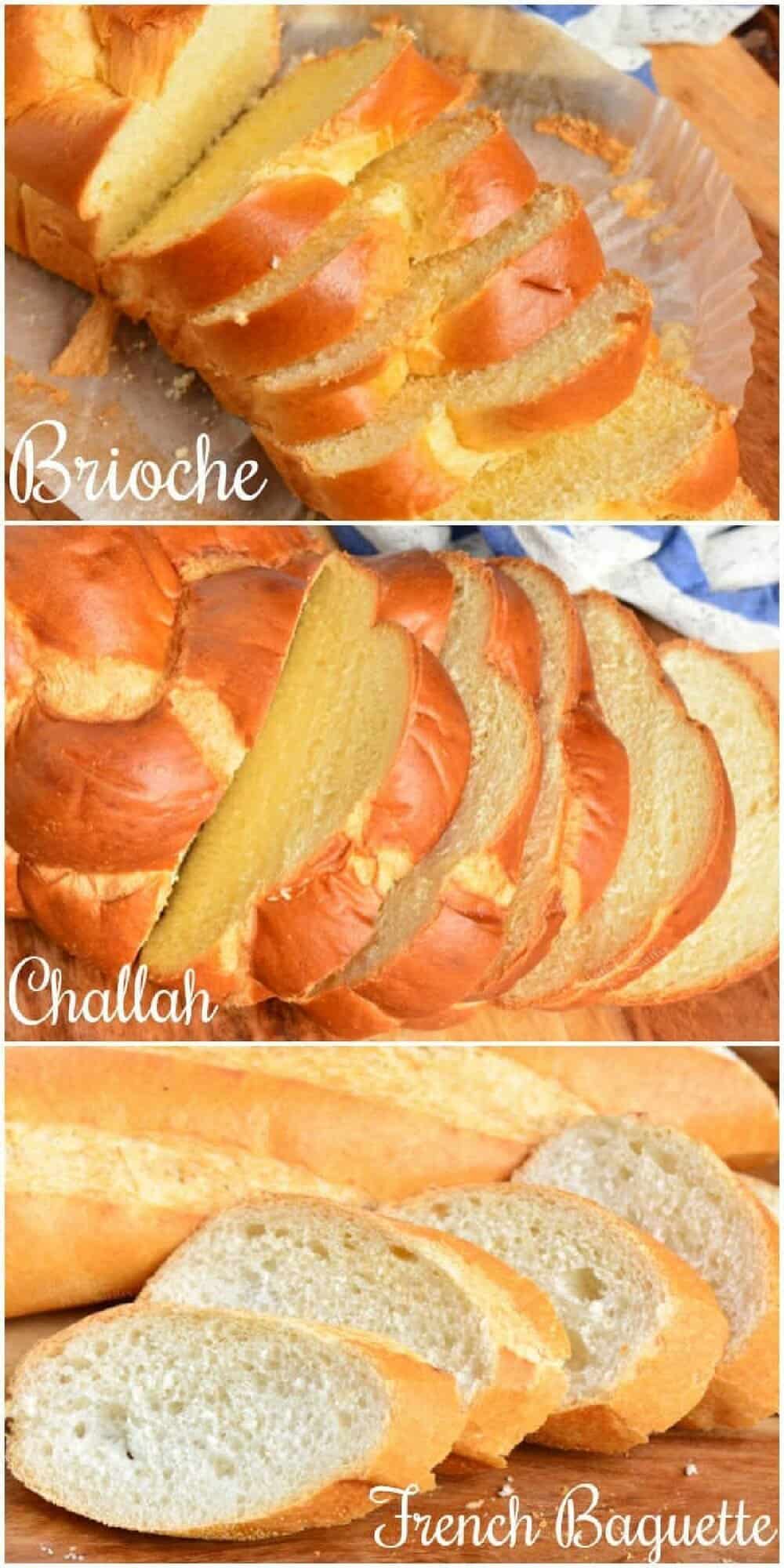 collage of three bread options for French toast bread: brioche, challah, and baguette.