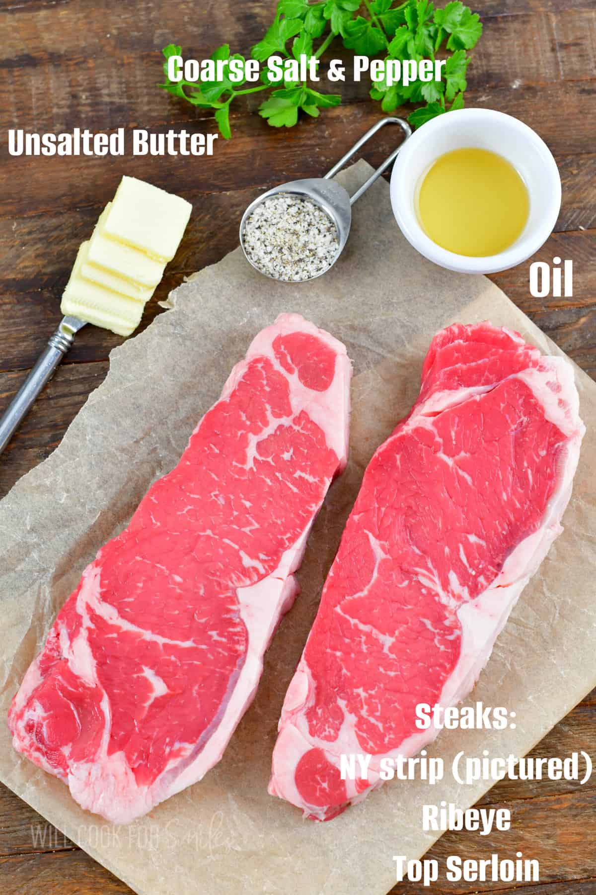 Ingredients for cooking steaks including steaks, salt and pepper, and butter.