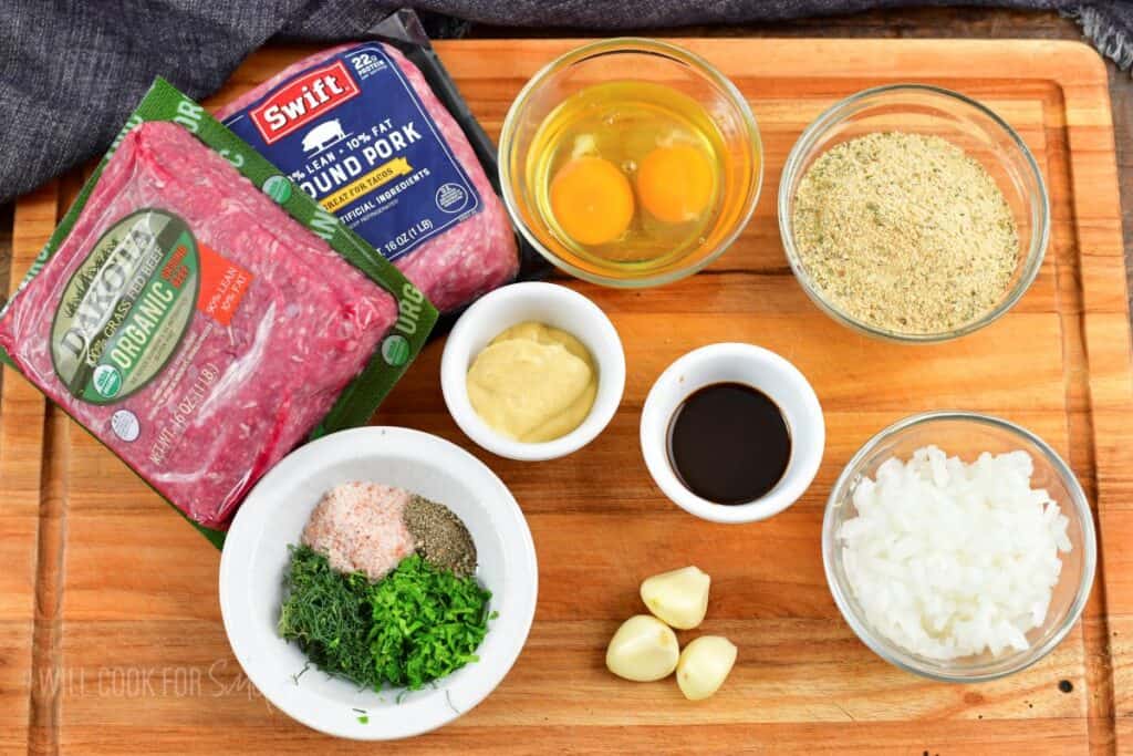 ingredients for meatloaf on the cutting board.
