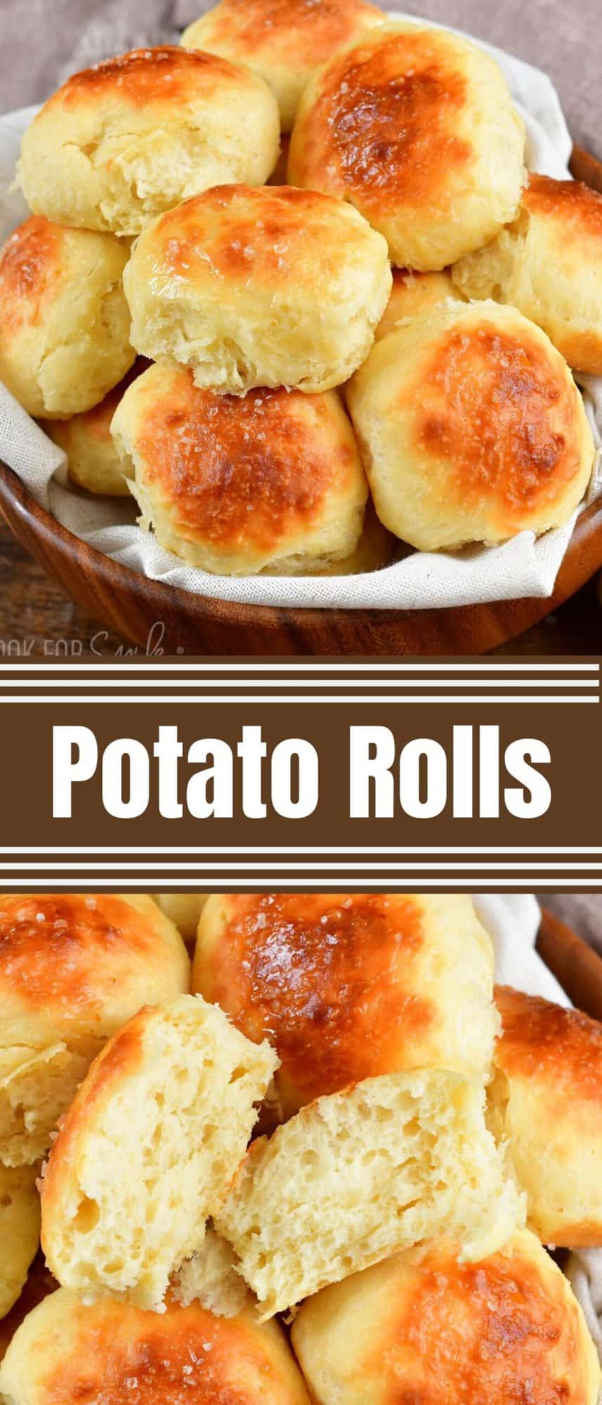 collage of two images of bright and golden brown rolls in basket.