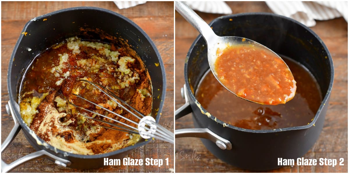 collage of two images of mixing the orange glaze ingredients and then cooked in a sauce pot.