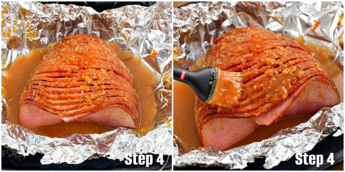 collage of two images of ham after baking in foil and brushing it with more glaze.