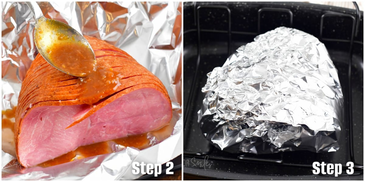collage of two images of adding glaze on sliced ham before baking and ham wrapped in foil.