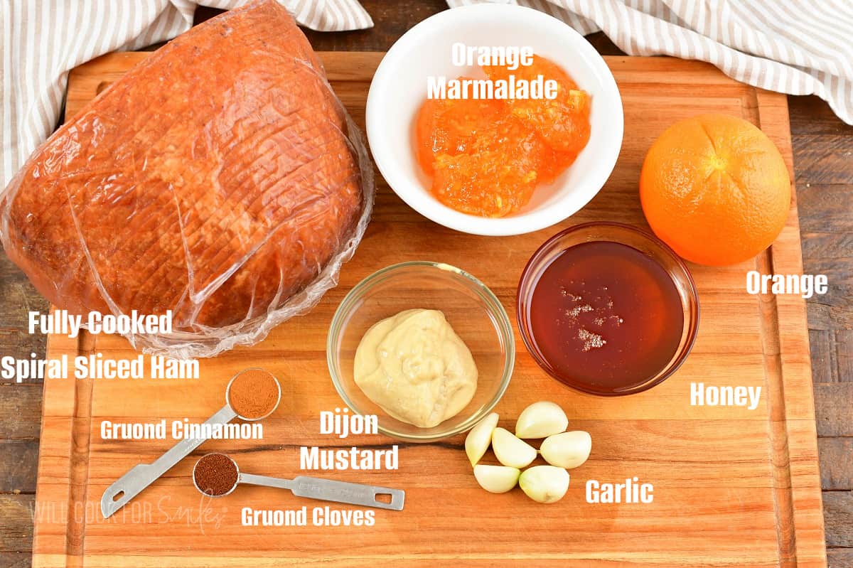 ingredients for baked ham with orange glaze.