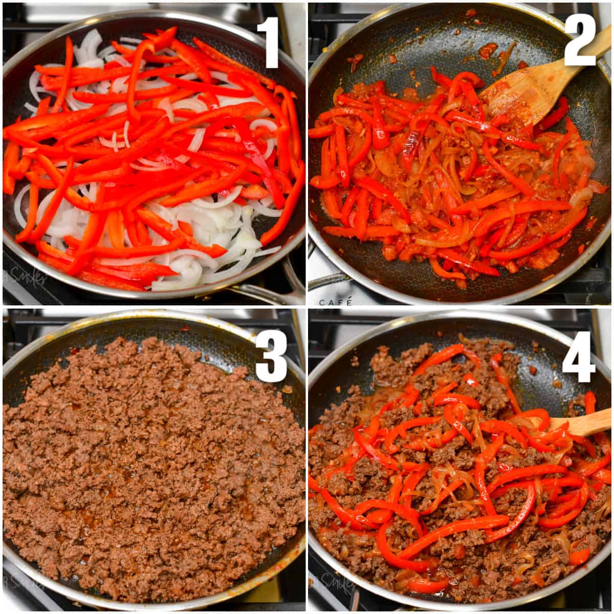 collage of four images of steps to cook veggies and ground beef to enchiladas.