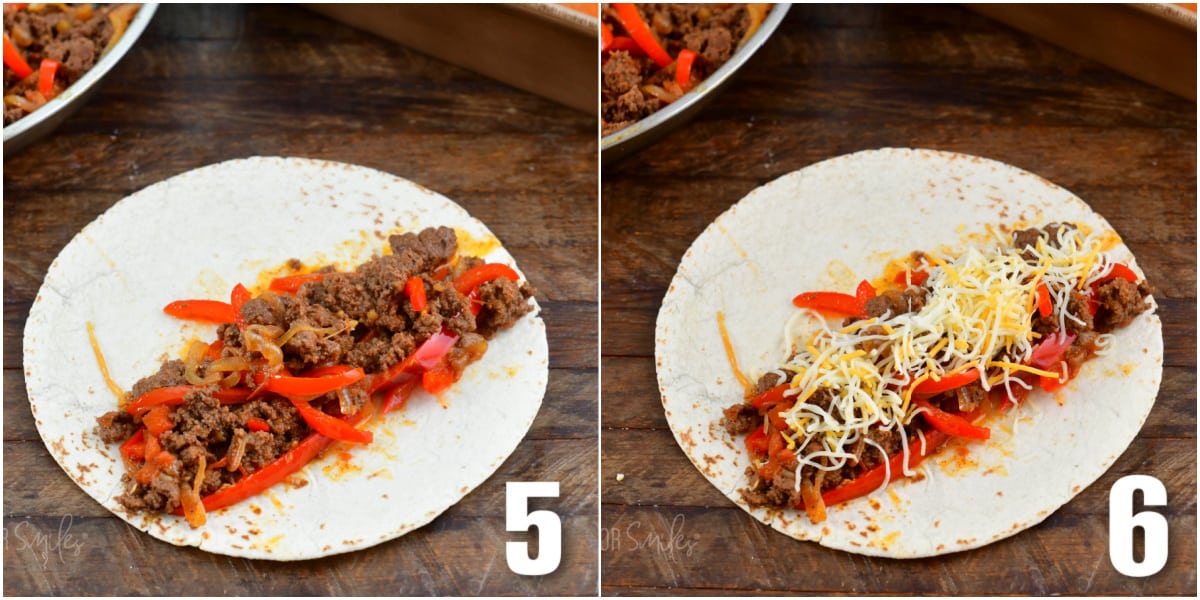 collage of two images of stuffing tortillas with beef filling and then cheese.