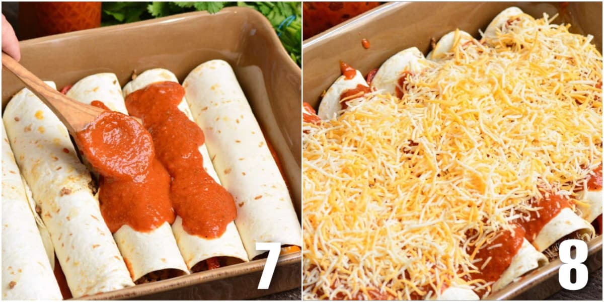 collage of two images of adding enchilada sauce over rolled tortillas and then adding cheese.