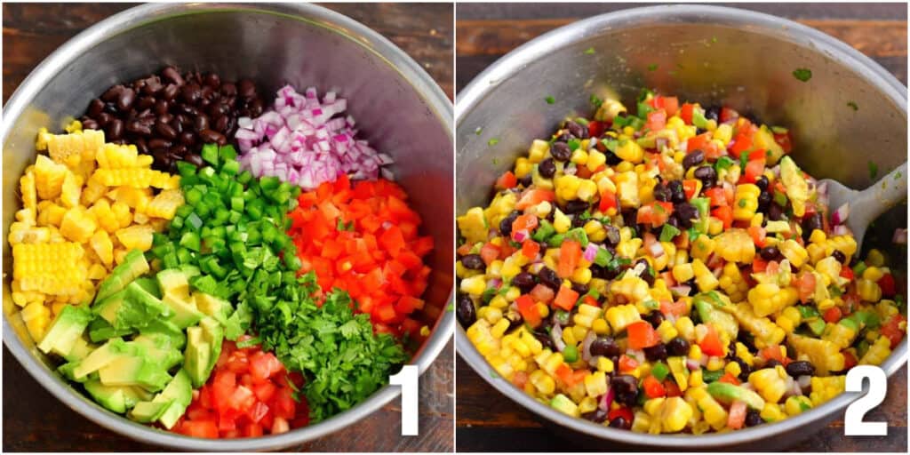 two image collage of ingredients for the corn salad in a bowl and mixed together.