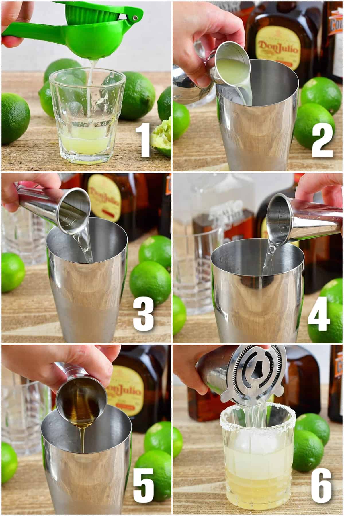 collage of six images of a process to make the margarita in a cocktail shaker.