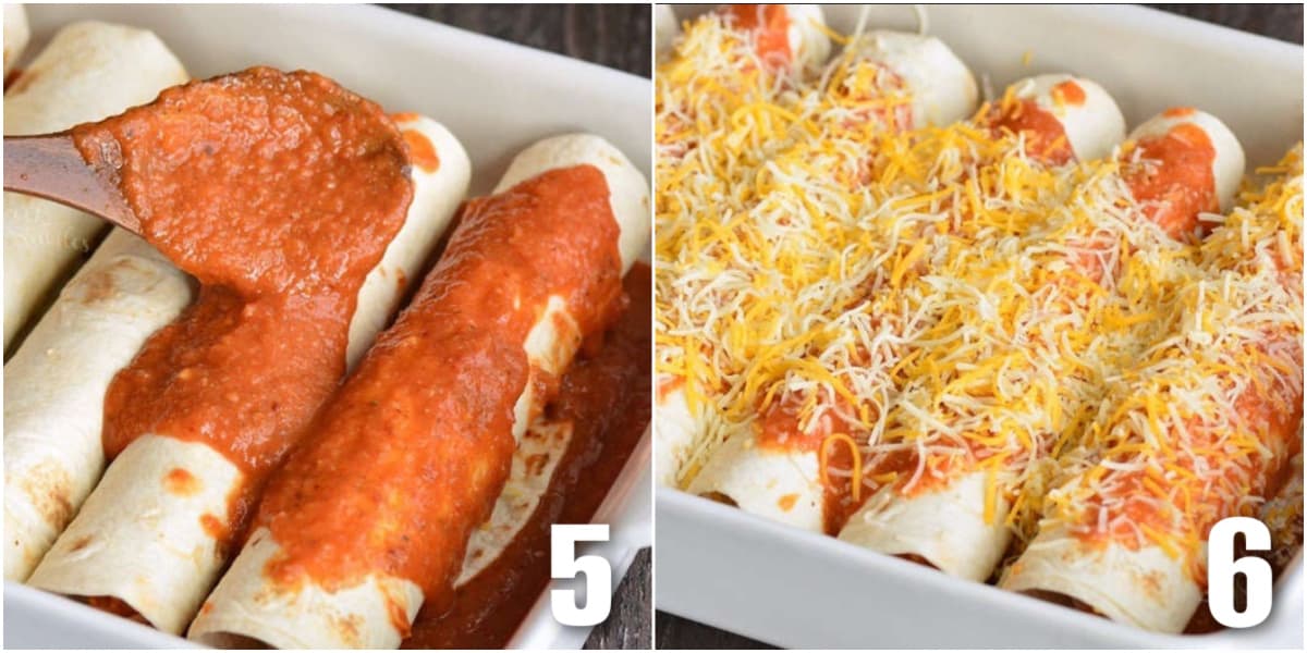 collage of two images of adding sauce to rolled enchiladas in a pan and with added cheese.