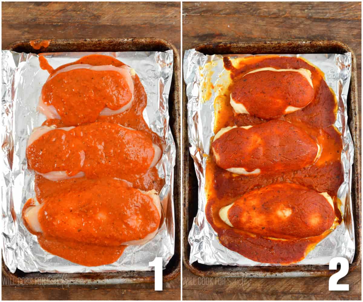 collage of two images of three chicken breasts in enchilada sauce before and after baking.