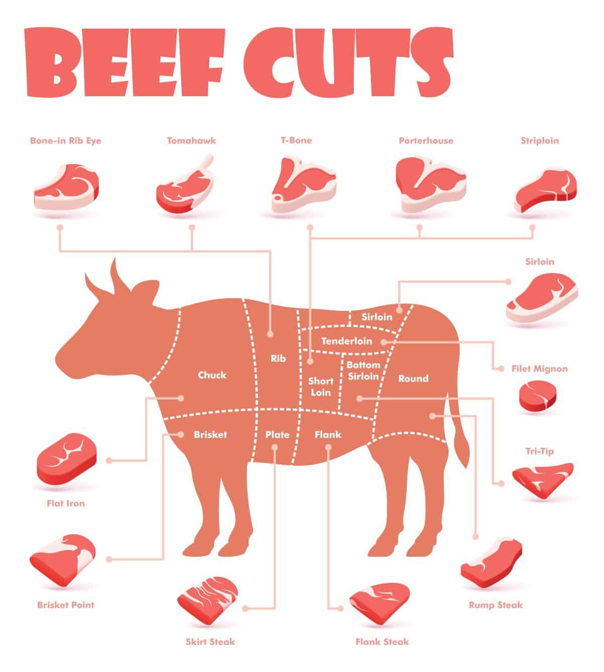 silhouette of a bull with cuts of steak listed and areas it comes from.