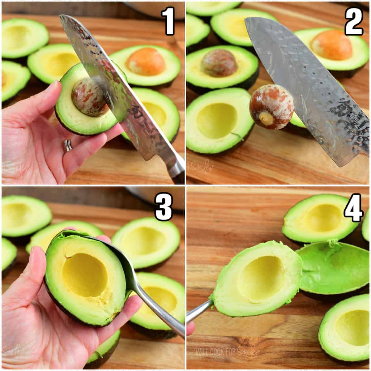 collage of four images of steps to take out avocado flesh.