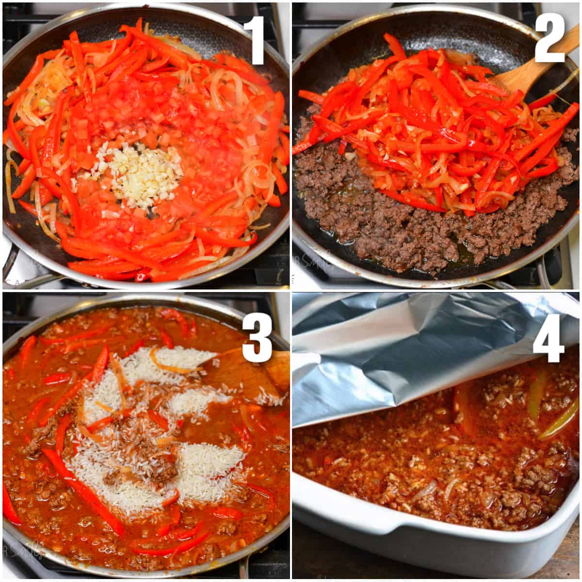 Collage of four images of steps of cooking veggies, beef, and preparing casserole.