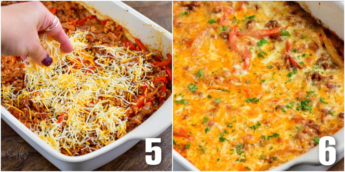 collage of two images of adding cheese to casserole and baked enchilada casserole.