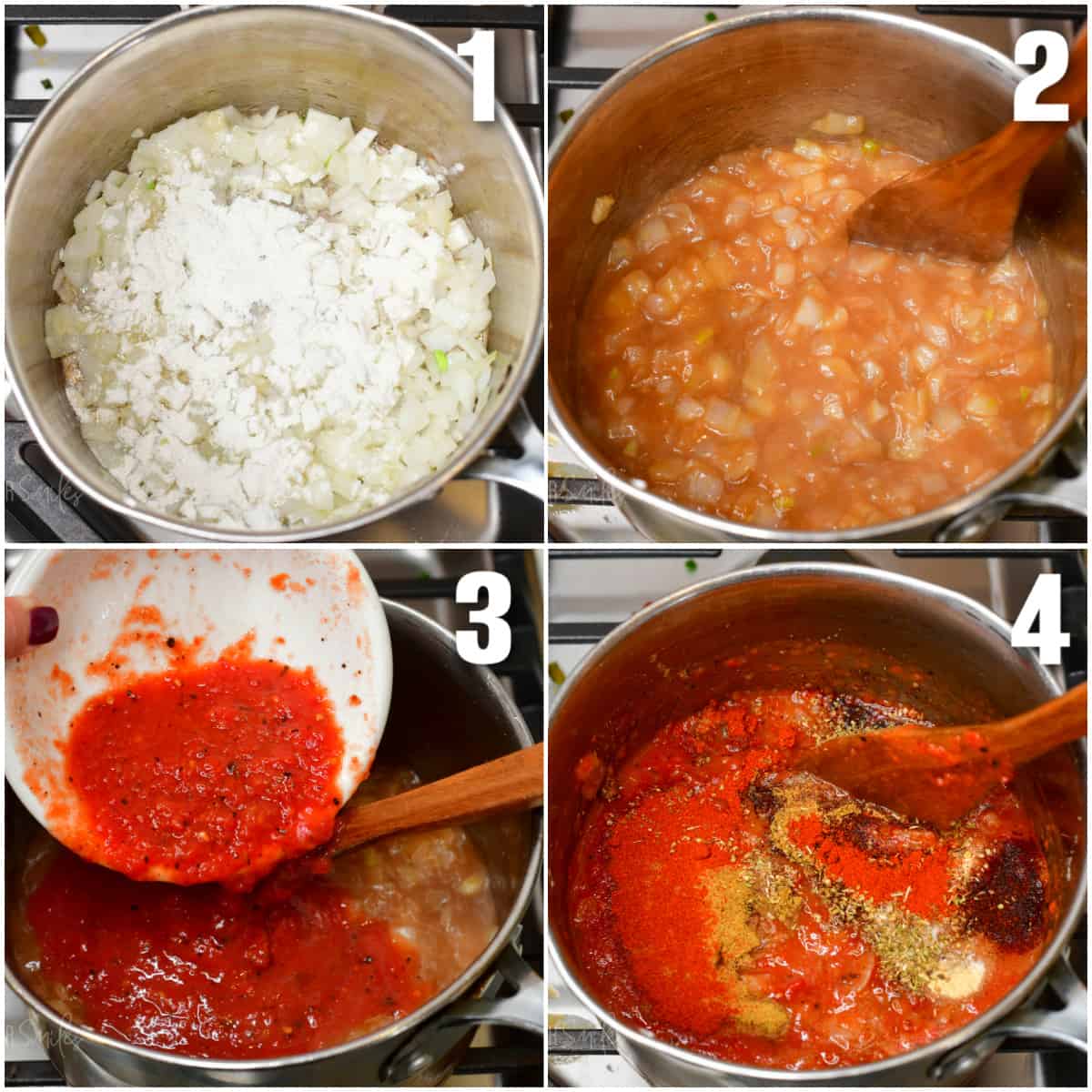 collage of four images of process to make the enchilada sauce in the metal pot.