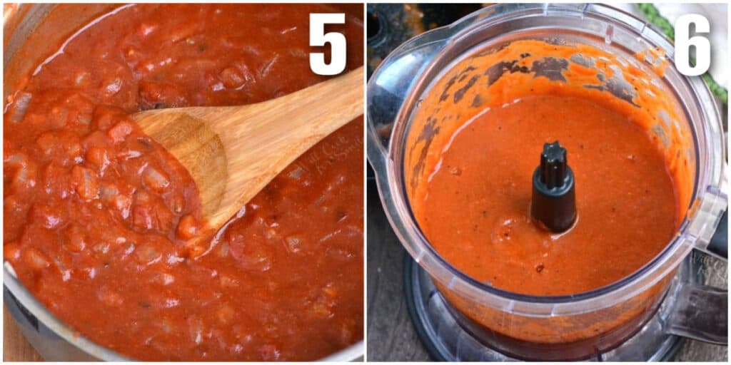 collage of two images of cooked enchilada sauce in a pot and blended in a blender.
