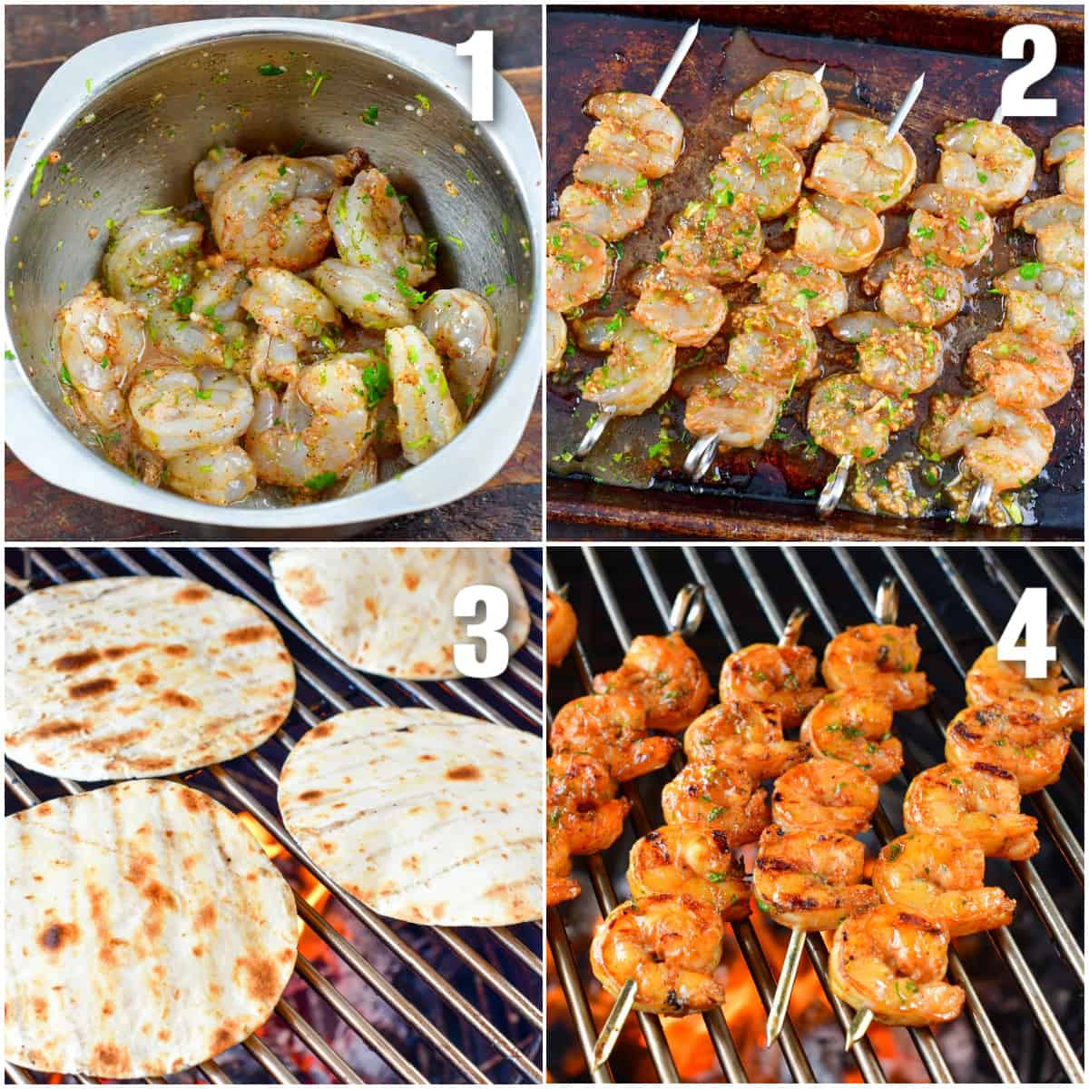 collage of four images of steps to marinate and grill shrimp and then tortillas.